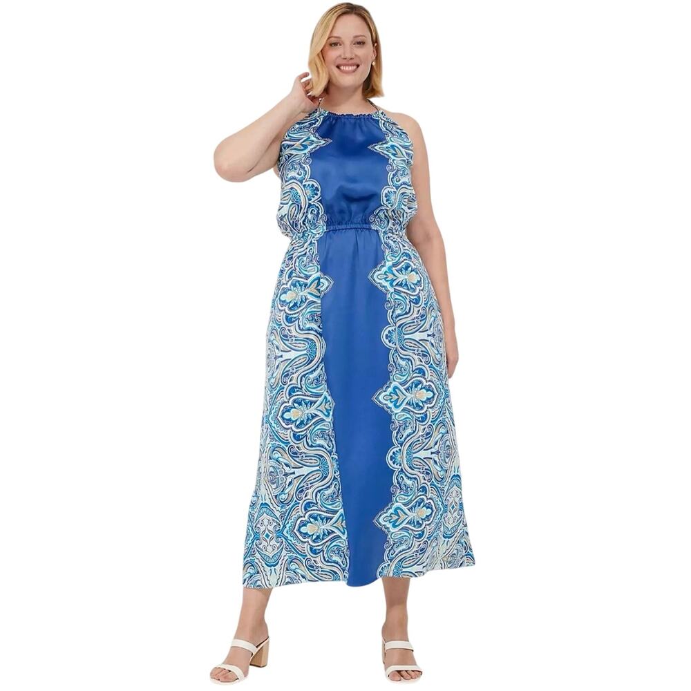 NWT Lane Bryant Satin Halter-Neck Sleeveless Sapphire Blue Paisley Maxi Dress 20